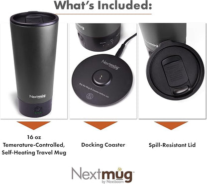 Nextmug Go - Temperature-Controlled, Self-Heating Travel Mug | (Black - 16 oz.) – No App, Long-Lasting Battery for Work & Study, Great Gift for Coffee Lovers