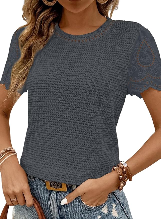 SHEWIN Womens Frenchy Summer Tops Crewneck Short Sleeve T Shirts Casual Waffle Knit Jacquard Blouses Top Shirts