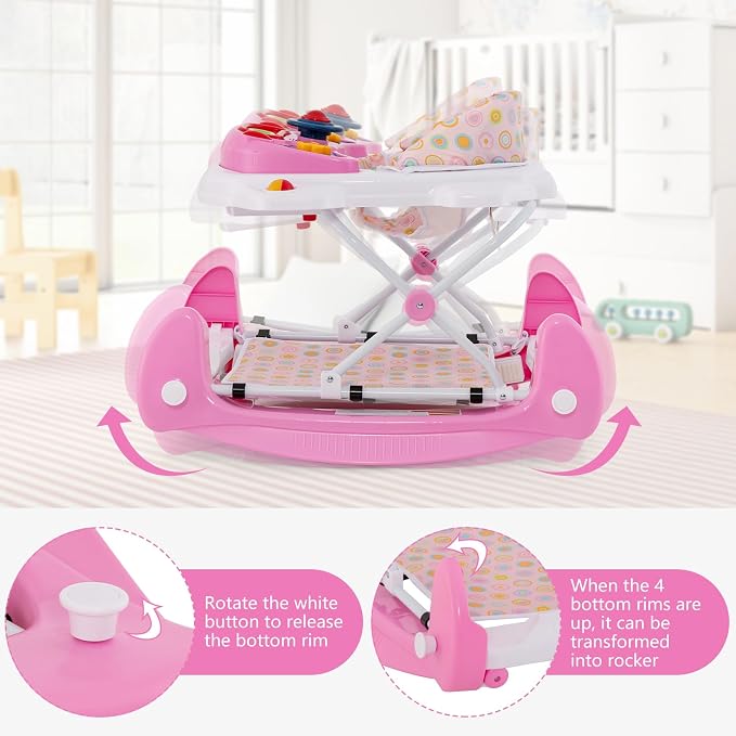 INFANS Baby Walker, 5 in 1 Behind Walker Learning Seated Rocker Bouncer with Removable Music Tray, Adjustable Height, Washable Seat Cushion, Foldable Activity Center for Toddlers (Pink)