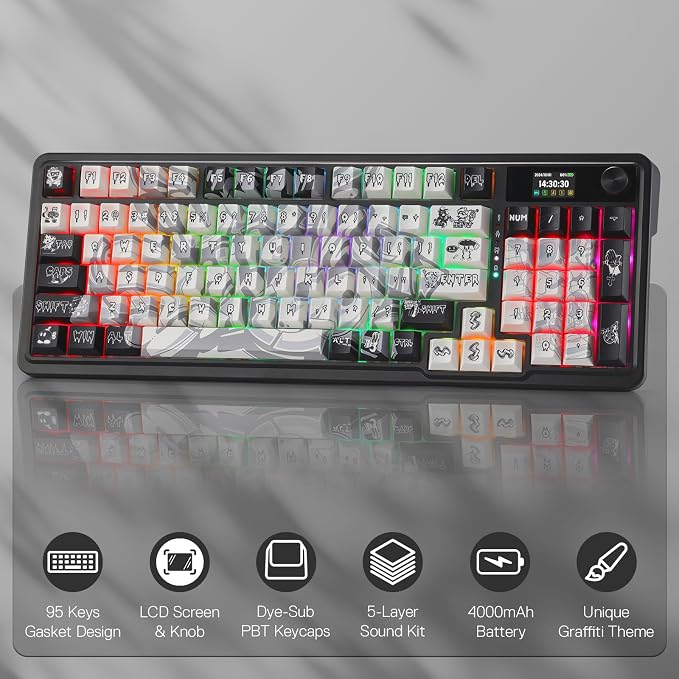 Redragon K719 PRO Wireless 95-Key Gasket Gaming Keyboard, TFT Screen & Knob | Easy-Control LED Info Display, 0-Delay Tri-Mode, Cushioned 5-Layer Noise Dampening for Creamy Thocky Sound, Practical 95 keys