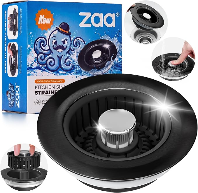 zaa 3 in 1 Kitchen Sink Drain Strainer Stopper Removable Basket Pop-Up | Kitchen Sink Accessories 1 Pack All Black Stainless - Food Catcher, Odor-Blocking Seal, Fits 3.5" Drain