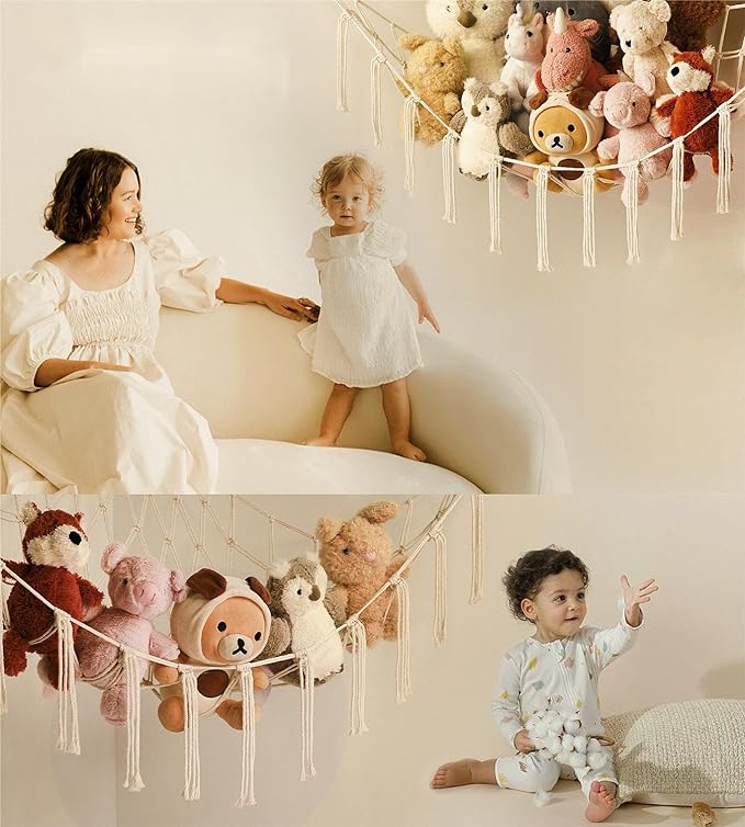 Stuffed Animal Storage Hammock or Net Corner - Large Toy Hammock Net for Stuffed Animals Room Decor - Cute Stuff Animal Organizer Plush Holder - Kids Baby Nursery Essentials Wall Bedroom Home Decor