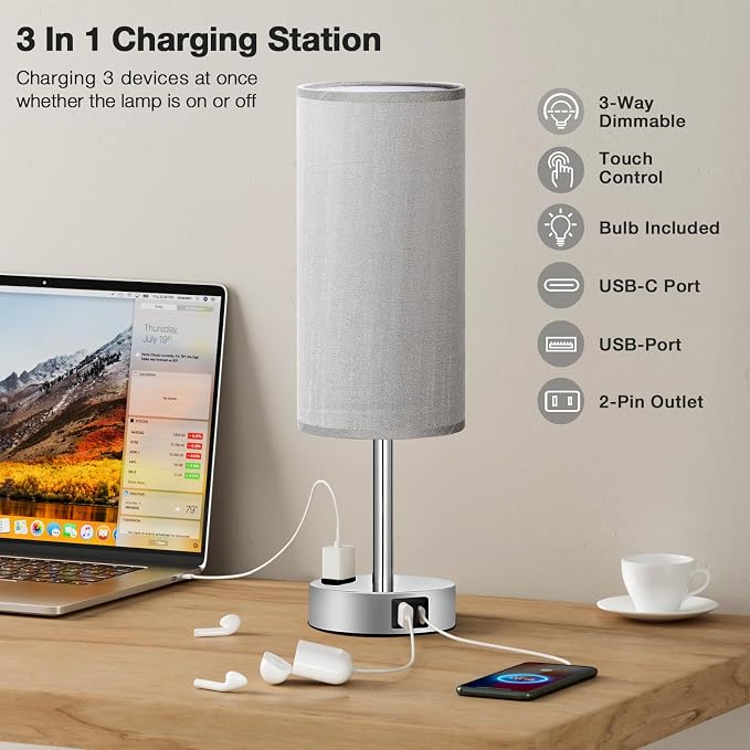 Fenmzee Grey Nightstand Table Lamp for Bedroom - 3 Way Dimmable Bedside Lamp USB C A Charging Ports and AC Outlet, Small Table Lamp Silver Base for Living Room, Office Desk, LED Bulb Included