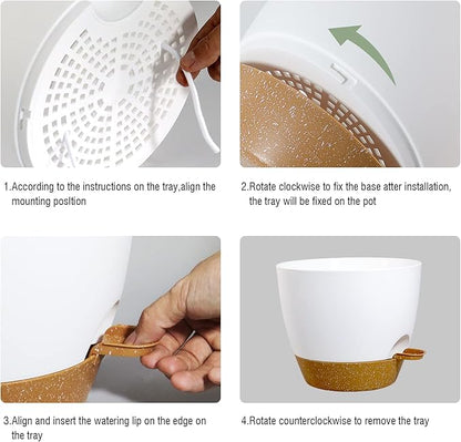 10 inch Self Watering Pots, 2 Pack Plastic Planters with Mesh Drainage Holes for Garden Plants, Plants Pots with Deep Reservoir for Indoor Outdoor Plants, White with Brown