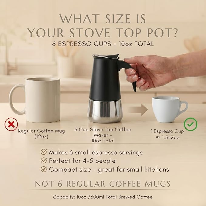 Mixpresso 6 Cup Greca Moka Pot, Stainless Steel Stovetop Espresso Maker | 300ml/10oz Italian stovetop coffee maker with classic percolator design, ideal for preparing coffee at home or while camping
