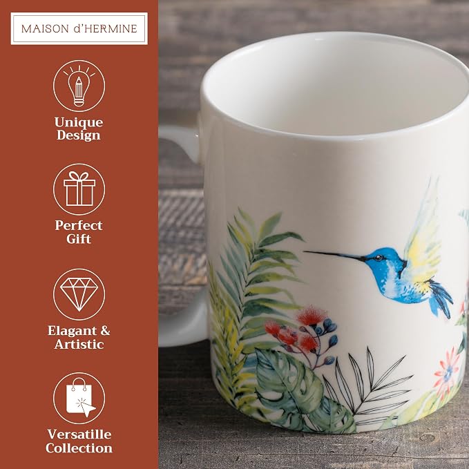 Maison d' Hermine Coffee Mug with Handles Tea Cups (15 Ounce, Pack of 1) | Fine Bone China Coffee Mugs for Hot Beverages Cappuccino Latte Home Restaurant Hotel Spring Summer -Tropiques - Hummingbird