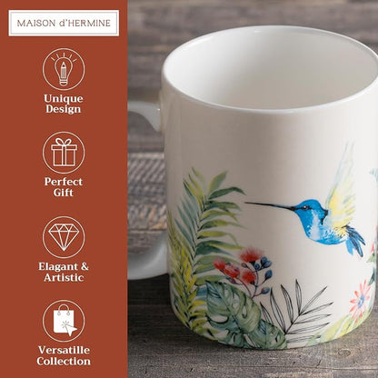 Maison d' Hermine Coffee Mug with Handles Tea Cups (15 Ounce, Pack of 1) | Fine Bone China Coffee Mugs for Hot Beverages Cappuccino Latte Home Restaurant Hotel Spring Summer -Tropiques - Hummingbird