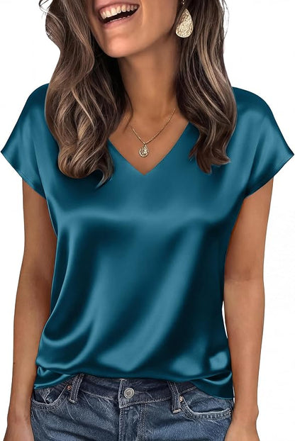 WIHOLL Womens Satin Summer Tops Cap Short Sleeve Blouses V Neck Shirts Business Casual Outfits Fashion Clothing 2026