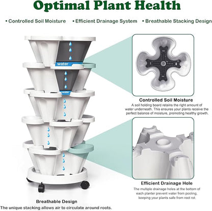 Strawberry Planters, 3 Tiered Vertical Stackable Planter, Herb Stacking Tower Garden, Flower Vegetable Planters with Support Pole, Indoor & Outdoor with Removable Wheels - Dark Grey
