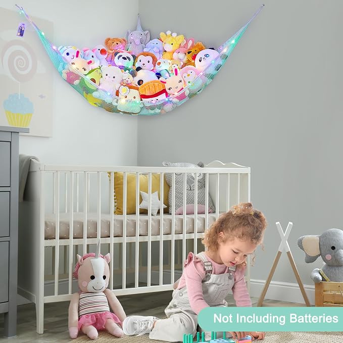 Unicorn Castle Stuffed Animals Net or Hammock Kids Toy Storage Organizer with LED Light Hanging Corner Stuffed Animals Holder Kids Girls Room Decor,Green,Large (Pack of 1)