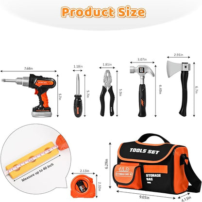Premium Kids Tool Set, Portable Carrying Bag with Battery Powered Toy Drill, Easy-Grip Pretend Play Toddler Tool Kit, Construction Toys for Boys & Girls Age 3-8, STEM Gifts