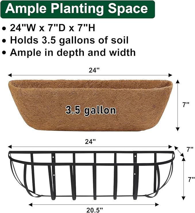 DUNCHATY Railing Planter Window Box - 2 Pack 24" Horse Trough Planter with Coco Fiber Liner - Deck Balcony Rail Planter for Porch Fence Patio Outdoor