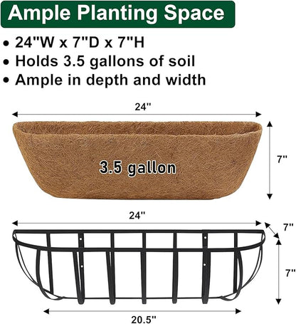 DUNCHATY Railing Planter Window Box - 2 Pack 24" Horse Trough Planter with Coco Fiber Liner - Deck Balcony Rail Planter for Porch Fence Patio Outdoor