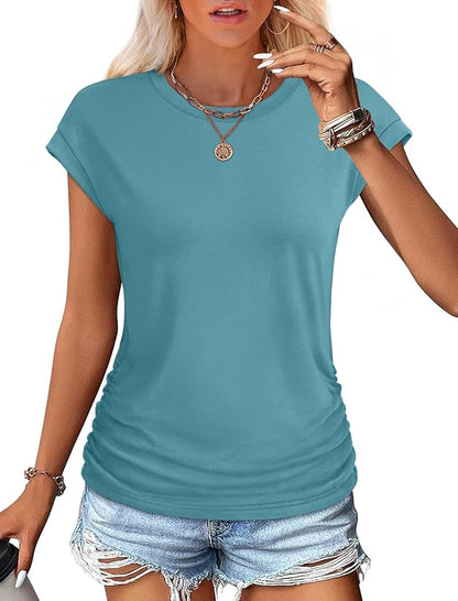 Sampeel Womens Summer Tops Trendy 2026 Ruched Cap Short Sleeve Tshirts Shirts Crew Neck T Shirts Fashion