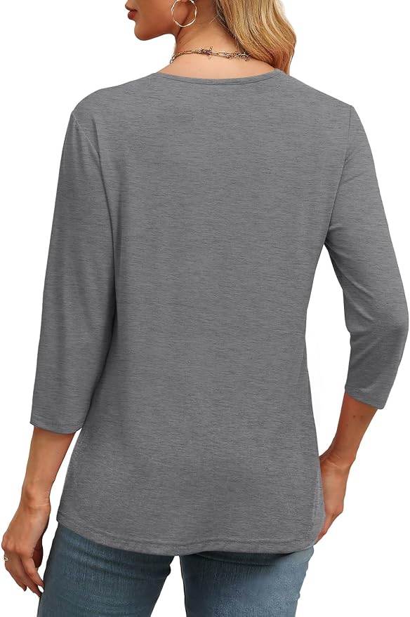 WIHOLL Womens Tops 3/4 Length Sleeve V Neck Casual Tunic Tops Basic Shirts Loose Fit Blouse