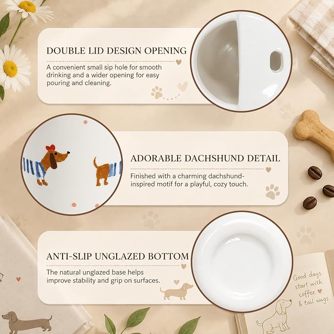 Ceramic Travel Coffee Mug 12 OZ, Cute Dachshund Pattern Coffee Cup, Handmade Style Ceramic Coffee Mug with Sip Hole for Women Men, Office Home Kitchen Gift