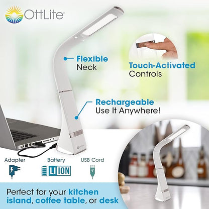 OttLite Recharge LED Desk Lamp with ClearSun LED Technology - Portable, Dimmable & Flexible Gooseneck - Travel-Friendly Task Lamp with Rechargeable Battery - for Home, Reading, Office & College Dorms