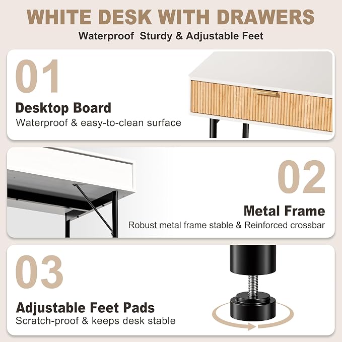 INNOD 45 Inch White Desk with Drawers, Small Writing Desks for Bedroom, Fluted Cute Desk with Storage for Vanity, Wood Computer Table for Living Room Small Spaces Home Office Study