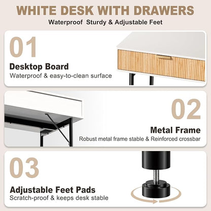 INNOD 45 Inch White Desk with Drawers, Small Writing Desks for Bedroom, Fluted Cute Desk with Storage for Vanity, Wood Computer Table for Living Room Small Spaces Home Office Study
