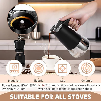 4 Cup Stainless Steel Moka Pot, 200ml Stovetop Espresso Maker, Black
