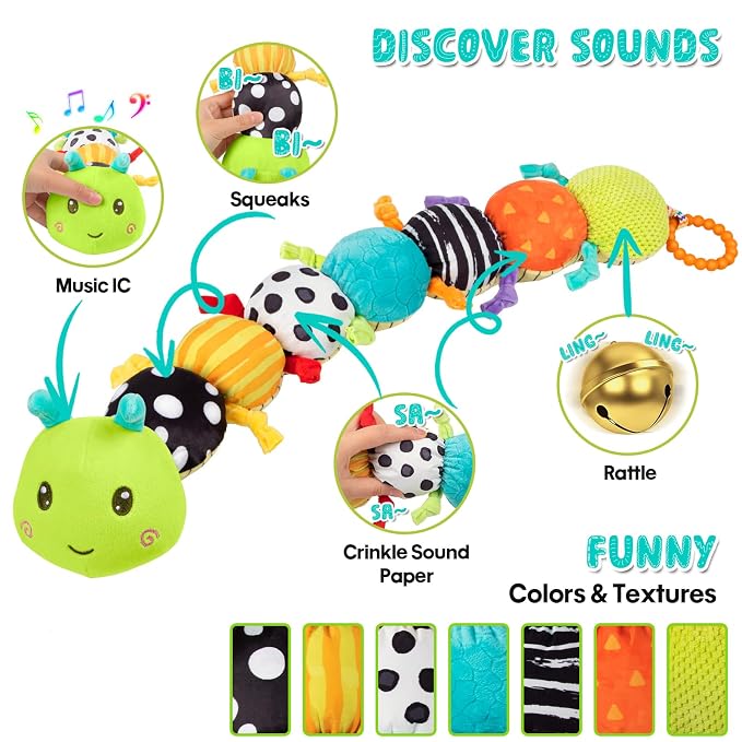 Baby Stuffed Animal Toys for 0-6 6-12 Months, Baby Musical Caterpillar Tummy Time Toys for Babies 3 6 9 12 18 Months, Newborn Infant Sensory Toys Gifts for 1 2 Year Old Boys Girls
