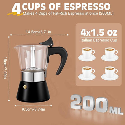 4 Cup 200ml Glass Moka Pot, Stovetop Espresso Maker, Black | Crystal Glass-top & Stainless Steel Coffee Maker, Induction Compatible, for Greca de Cafe, Cuban and Italian Coffee Brewing