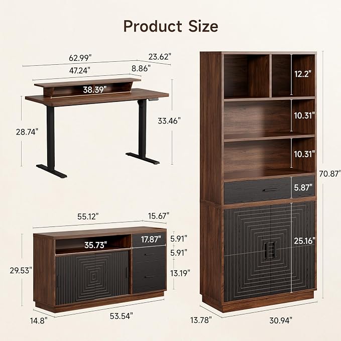 ONBRILL Home Office Furniture Sets, 63'' Standing Desk with 55'' File Cabinet, Electric Height Adjustable Standing Desk with 71'' Tall Modern Bookshelf, Home Office Furniture Set, Walnut