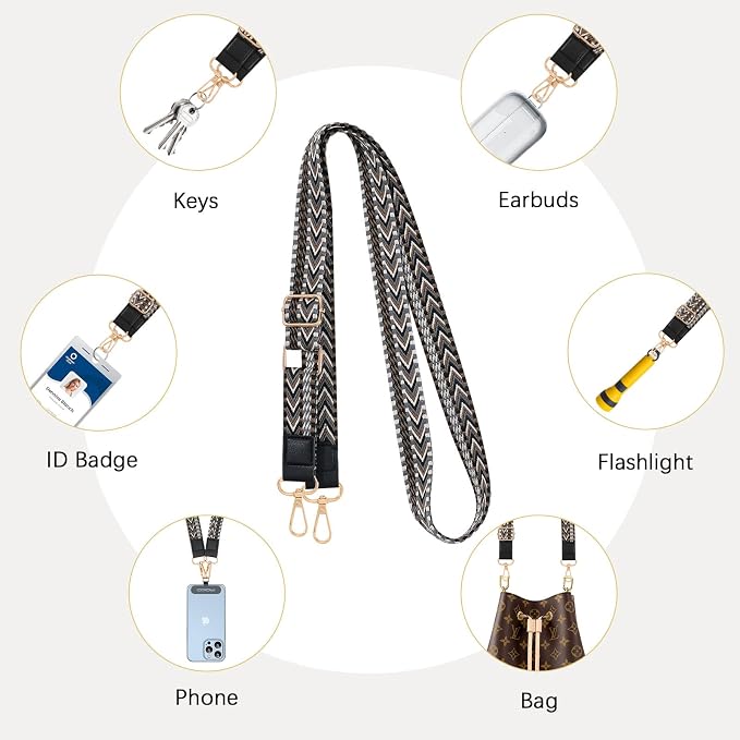 MoKo Universal Phone Lanyard, Braided Adjustable Cell Phone Crossbody Strap Detachable Women & Men Cellphone Lanyards Around The Neck with Patches for iPhone, Most Smartphones, Black & Gray