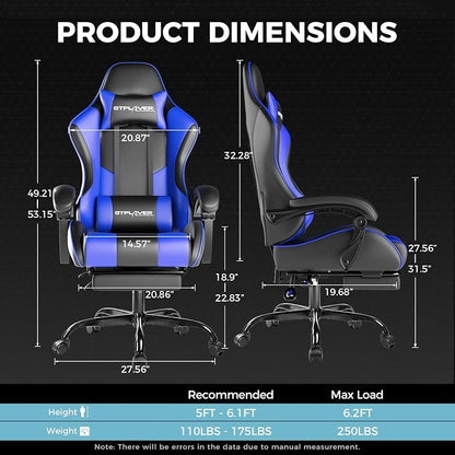 GTPLAYER Gaming Chair, Computer Chair with Footrest and Lumbar Support, Height Adjustable Game Chair with 360°-Swivel Seat and Headrest and for Office or Gaming (Faux Leather, Blue)
