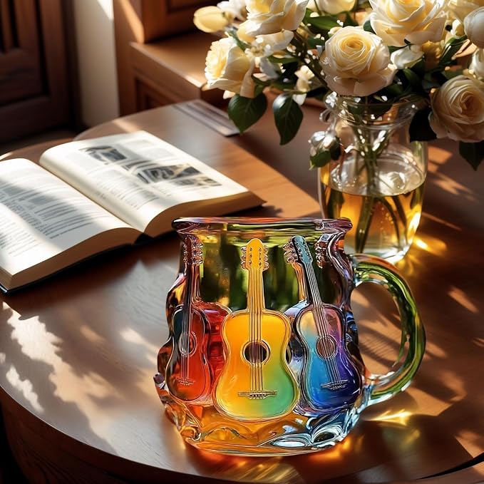 3D Guitar Art Glass Coffee Mug 12 oz – Colorful Handcrafted Cup for Coffee, Tea, Milk – Music Lover Gift – Artistic Glass Mug for Men & Women – Unique Home Décor