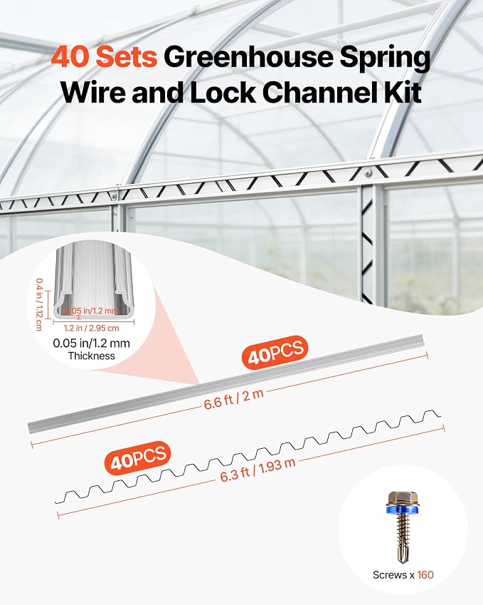 VEVOR Greenhouse Spring Wire and Lock Channel, 40 Packs 6.56 ft PVC-Coated Wiggle Wire & Aluminum Alloy Channel Bundle Kit with Included Screws, 0.05 in Thickened, Poly Film & Shade Cloth Attachments