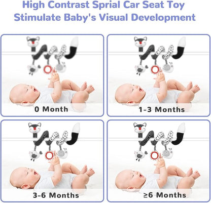 XIXILAND Baby Spiral Plush Toys, Black and White Baby Car Seat Toys, High Contrast Infant Newborn Toy 0-6 Months for Stroller Crib Mobile, Sensory Toy Best Gift for 0 3 6 9 12 Months Boys Girls