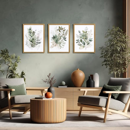 LLEEMPI Sage Green Wall Art Set of 3, Modern Watercolor Botanical Wall Decor, Eucalyptus Leaf Canvas Painting, Classic Minimalist Florals Poster Print for Bedroom Bathroom Office 12x16 Inch Framed Included (Total Size)