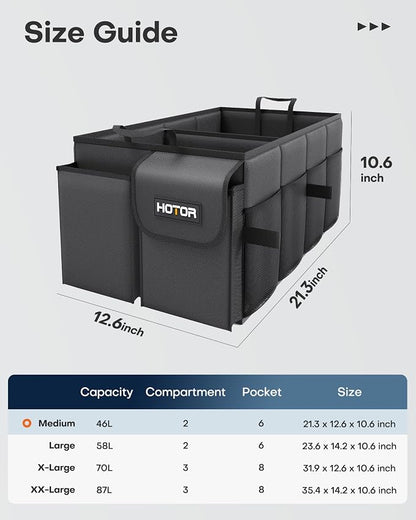 HOTOR Trunk Organizer - Car Organizer, Foldable Trunk organizer for SUVs & Sedans, Sturdy Car Organization for Car Accessories, Tools, Sundries, Black, 2 Compartments, 21.3"×12.6"×10.6"