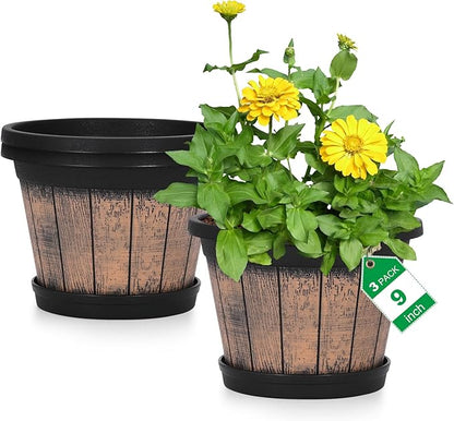 Quarut Plant Pots Set of 3 Pack 9 inch,Whiskey Barrel Planters with Drainage Holes & Saucer.Plastic Decor Flower Pots Imitation Wine Barrel Design,for Indoor & Outdoor Garden Home Plants (Brown)