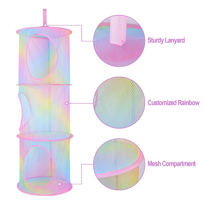 Basumee Stuffed Animals Net or Hammock 2 Pcs Stuffed Animals Storage Toy Net Hammock for Plushies Storage Organizer Mesh Kids Girls Room Decor, Rainbow, 3 Tiers