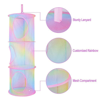 Basumee Stuffed Animals Net or Hammock 2 Pcs Stuffed Animals Storage Toy Net Hammock for Plushies Storage Organizer Mesh Kids Girls Room Decor, Rainbow, 3 Tiers