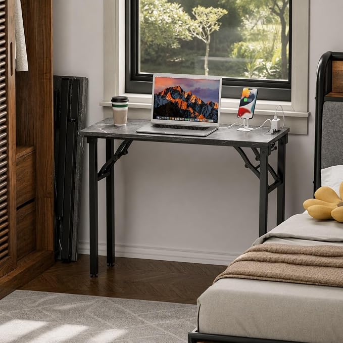 Folding Table Computer Desk - 35.8" No Assembly Folding Desk with Power Outlets & USB Charging Port, Small Desk, Foldable Office Desk, Compact Storage Portable Use for Small Space, Marble Greige