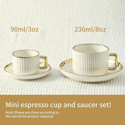 LETAOTAO Espresso Cups Set of 4, 3oz Espresso Cups and Saucers | Ceramic Coffee Cups with Gold Trim, Stackable Mini Demitasse Mugs for Espresso, Cappuccino,Latte, Americano and Tea