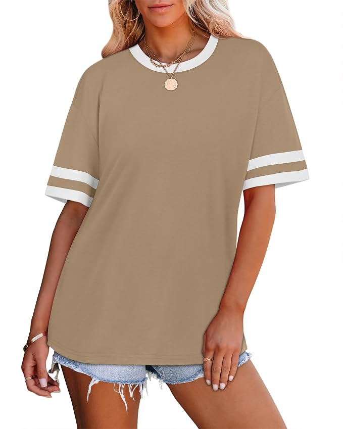 WIHOLL Womens T Shirts Loose Fit Short Sleeve Tees Crew Neck Color Block Summer Tops 2026 Fashion