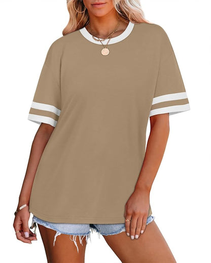 WIHOLL Womens T Shirts Loose Fit Short Sleeve Tees Crew Neck Color Block Summer Tops 2026 Fashion