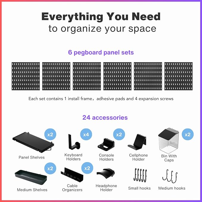 Keepo Peg Board Wall Organizer for Gaming Setup, Pegboard with Adhesives & Screw Mounts, Includes Peg Board Accessories for Gaming Accessories, Tech Storage & Office Organization (Black, 33″×22″)