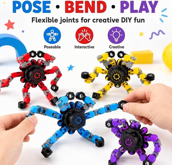 12PCS Transformable Fidget Spinner Toys for Kids and Adults | DIY Robot Chain Fidget Toys, Sensory Toys for Stress Relief, Party Favors, Classroom Rewards & Birthday Gifts
