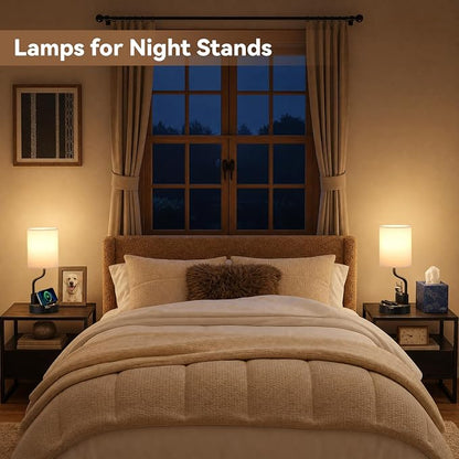 Fenmzee Bedside Lamps for Bedroom Set of 2 - Table Desk Lamp for Nightstand | 15" Table Lamp for Living Room with Pen Holder & Phone Stand, USB A+C Port, AC Outlet, 3 Color Temperature, LED Bulb Included