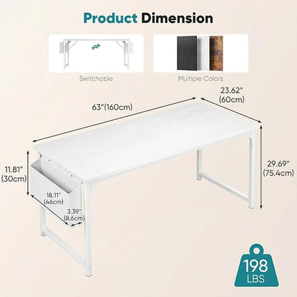 OLIXIS Computer Desk, 63 Inch Gaming Desks for Home Office Small Spaces | Writing Study Craft Work Table, Computer Workstation for Bedroom with Storage Bag, All White