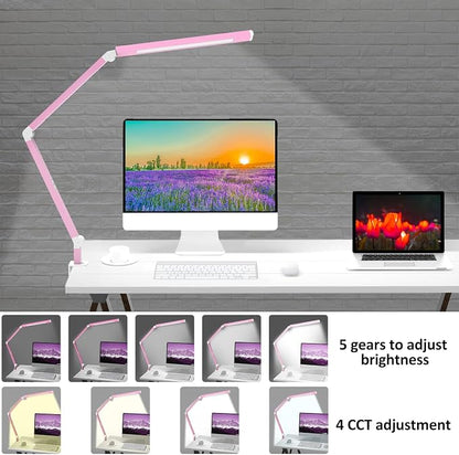 Micomlan Architect Desk Lamp with Clamp, Led Desk Lamp with Dual Light Bars and Adjustable Swing Arm, Clip-on Stepless Dimming Table Light Computer Lighting for Home Office Sewing Painting Hobby