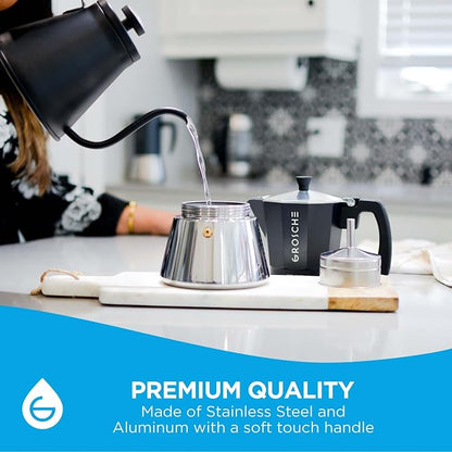 GROSCHE Milano Induction Stovetop Espresso Maker Moka Pot 6 Cup (Black) | Induction Moka Pot For Gas, Electric And Induction Cooktops With Aluminum Upper Chamber, Stainless Steel Base, And Burn Guard