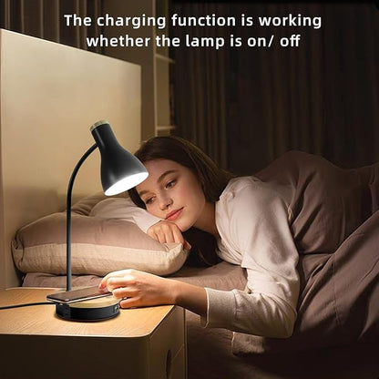 Metal Desk Lamp Wireless Charging Table Lamp Touch Reading Lights Arc Desk Lamps for Bedroom, 3 Way Dimmable Bedside Lamp with USB Charging Ports, Reading Lamp for Study Room and Office (Black-02)