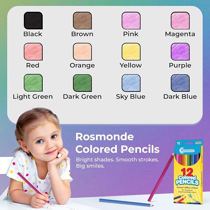 Rosmonde 12 Pack Colored Pencils (144 Count), Assorted Pre Sharpened Colors Set, Easy Hold Grip, Classroom Art Supplies, Bulk Coloring Set for Schools, Teachers, Drawing & Creative Projects