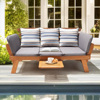 IDZO Amelie Outdoor Daybed Sofa: 750lbs Max Weight Support, Sleeper Chair with Armrest, Coffee Tray, 3 Pillows, FSC Wood, Gray, Ideal for Outdoor Couch